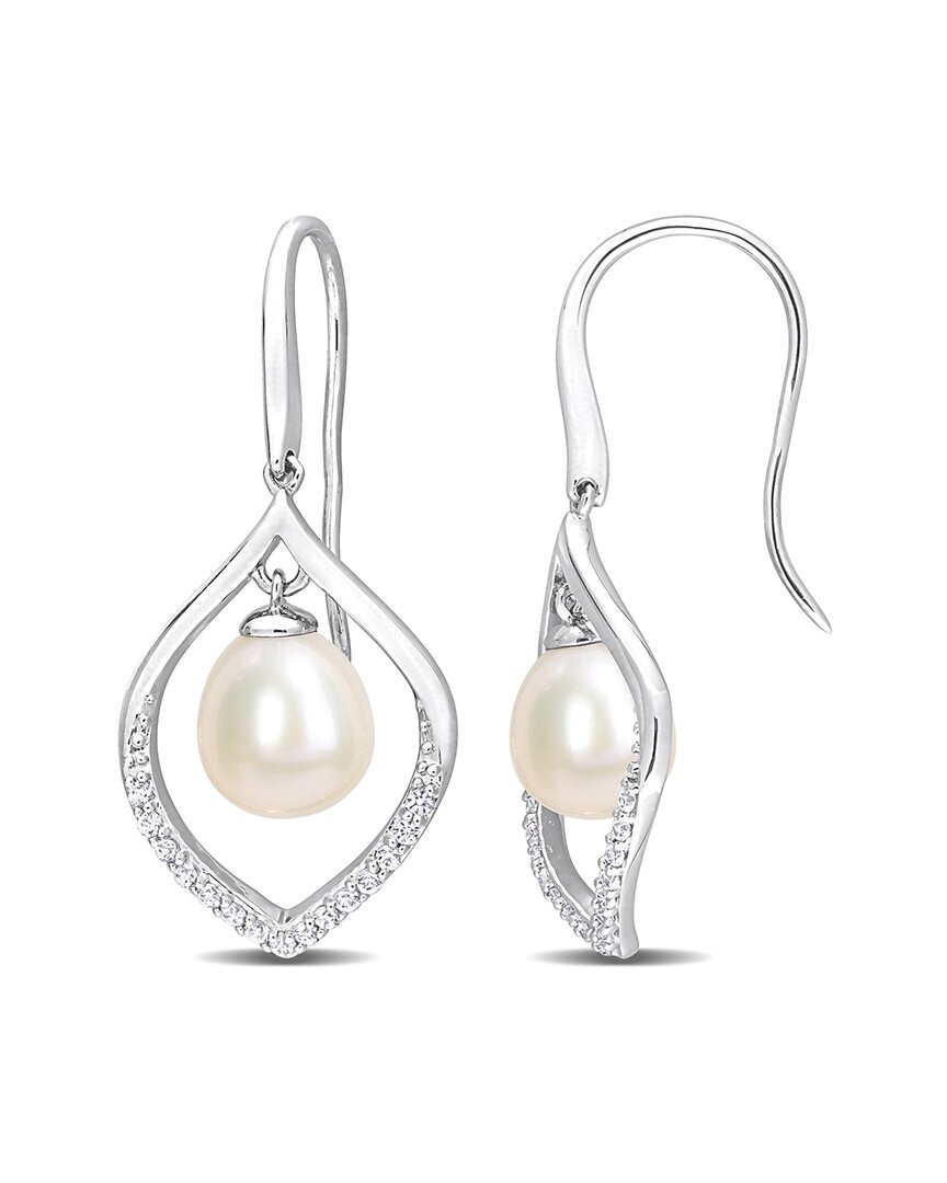 Rina Limor Silver 0.30 Ct. Tw. White Sapphire 8-8.5mm Pearl Open Earrings