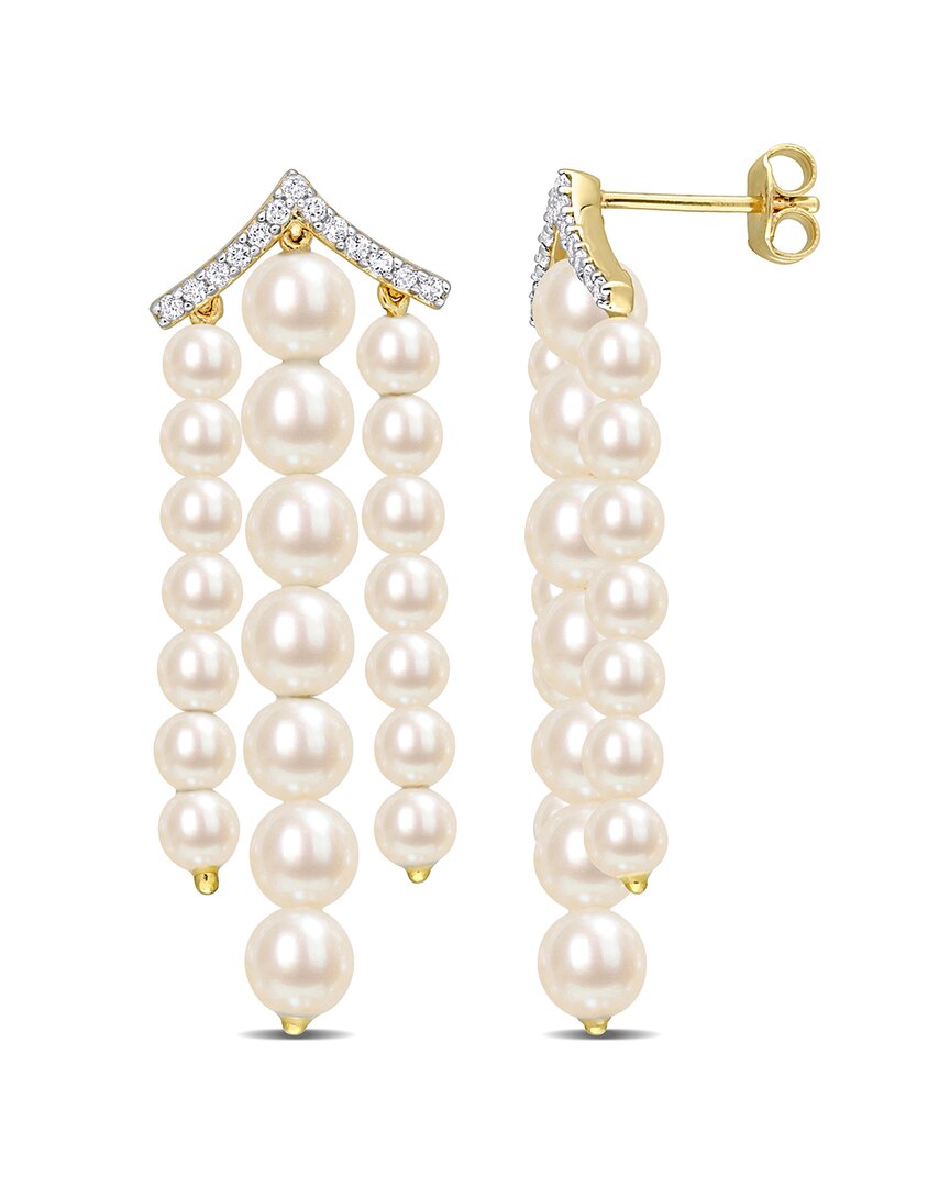Rina Limor Gold Over Silver 0.26 Ct. Tw. White Topaz 5-5.5mm Pearl Chandelier Earrings
