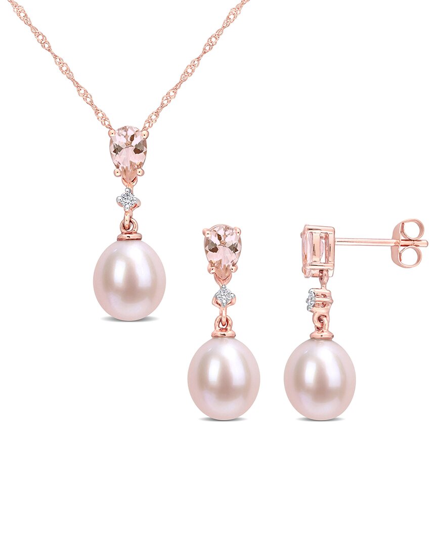 Rina Limor 10k Rose Gold 1.26 Ct. Tw. Diamond & Morganite 8-8.5mm Pearl Jewelry Set