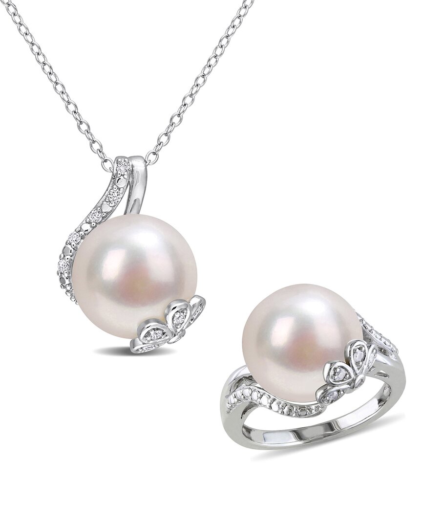 Rina Limor Silver 0.15 Ct. Tw. Diamond 12-12.5mm Pearl Jewelry Set