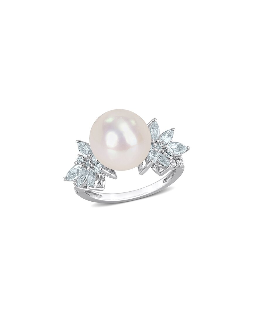 Rina Limor Silver 1.30 Ct. Tw. Diamond & Aquamarine 11-12mm Pearl Flower Ring