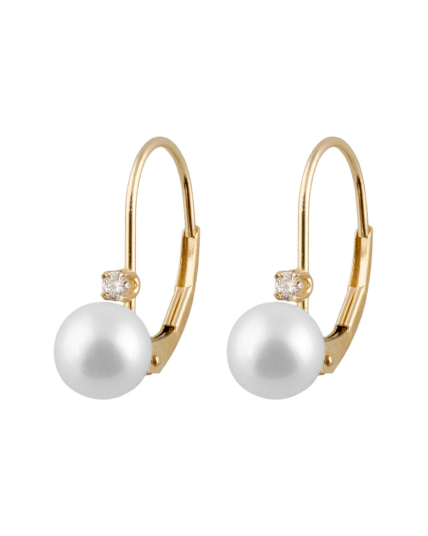 Splendid Pearls 14k .06ct. Diamond 6-6.5mm Japanese Akoya Pearl Earrings