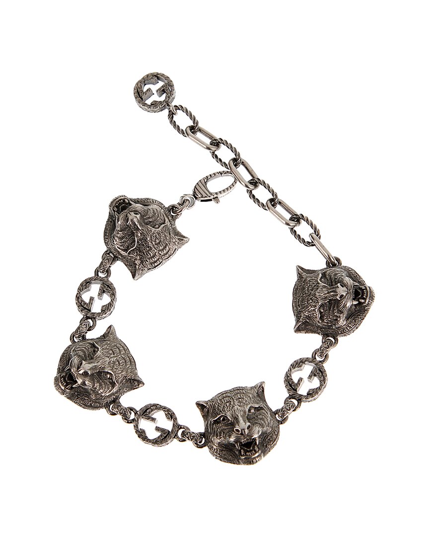 Gucci Silver Feline Interlocking G Bracelet In Metallic