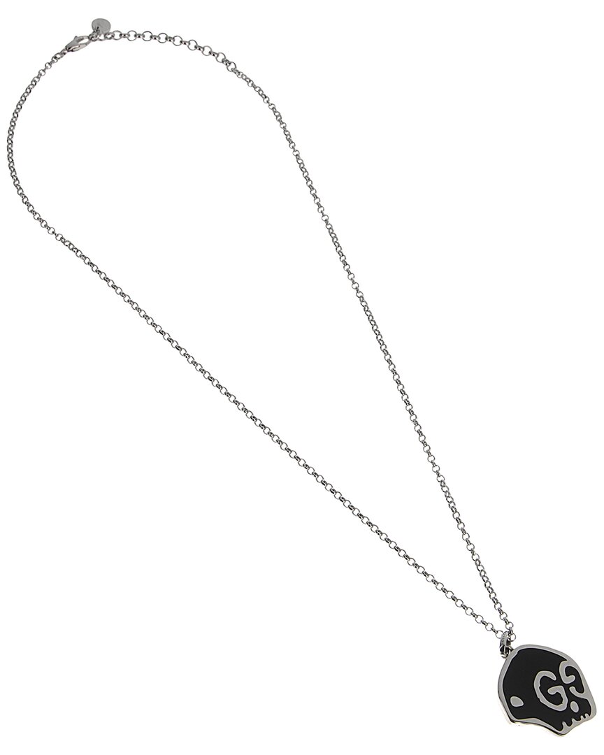 Gucci Silver Ghost Black Enamel Skull Necklace In Metallic