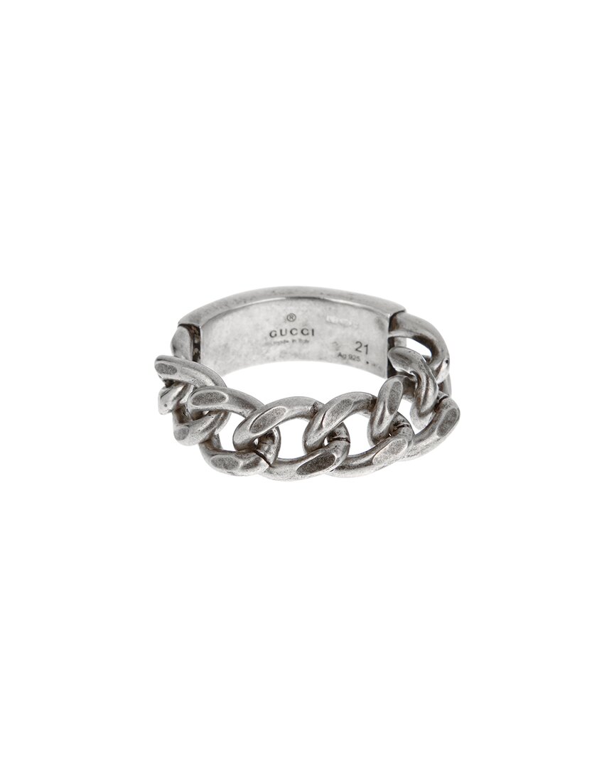Gucci Silver Chain Link Enamel Logo Band Ring In Metallic