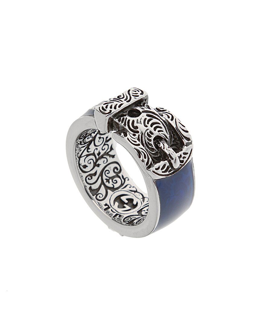 Gucci Silver Enamel Tiger Ring In Blue