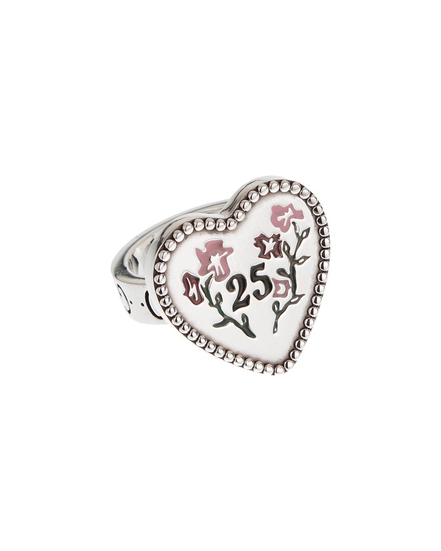 Gucci Silver Floral Enamel Ring In Metallic