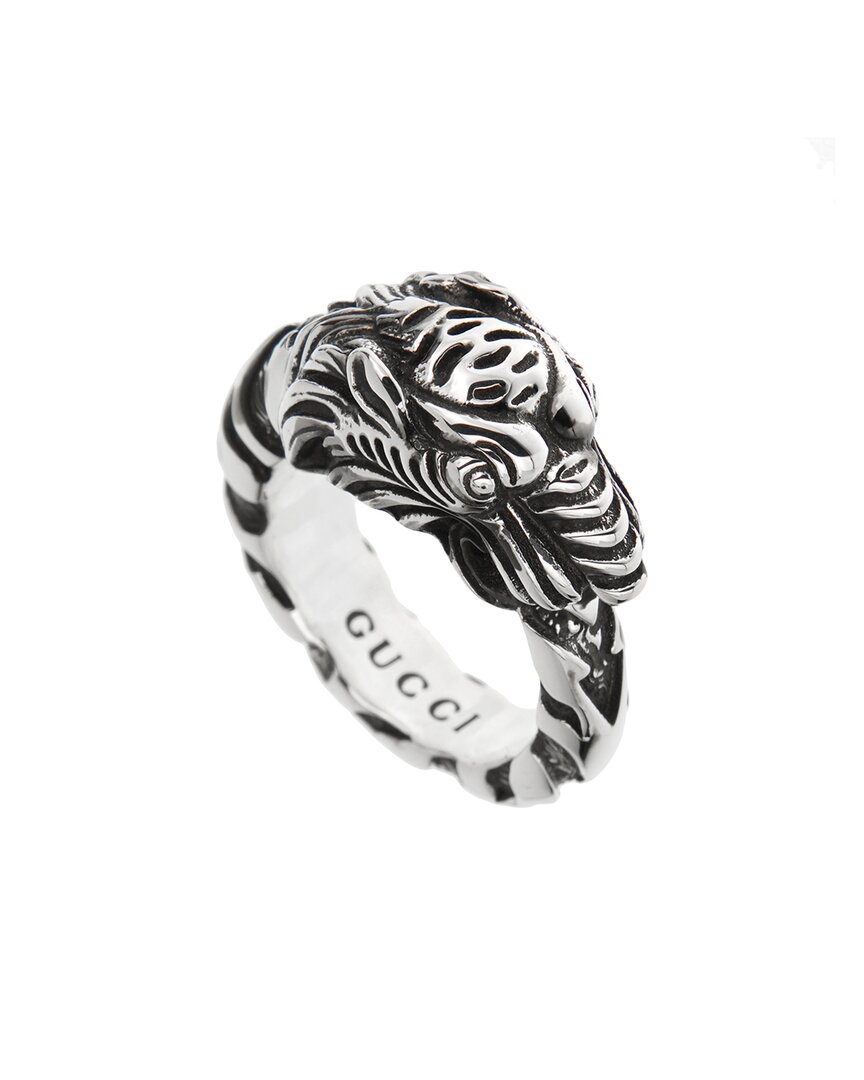 Gucci Silver Lion Head Ring In Metallic