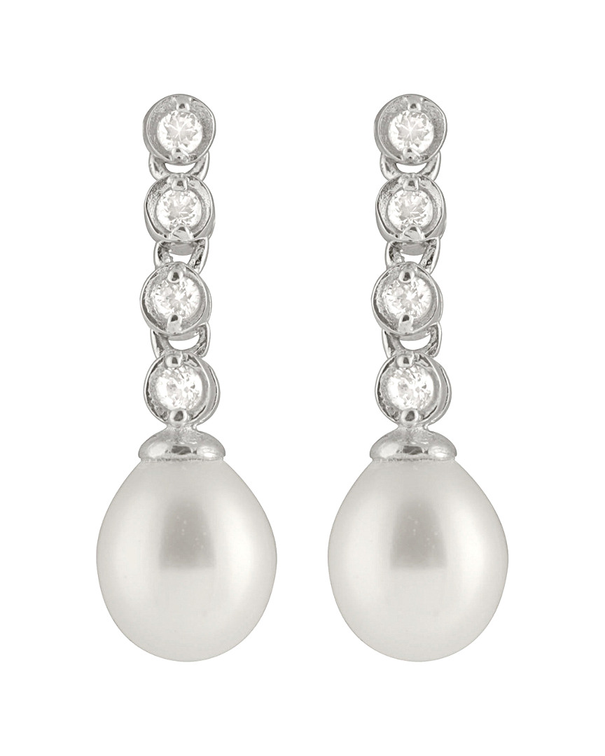 Splendid Pearls Silver 7.5-8mm Freshwater Pearl & Cz Drop Earrings