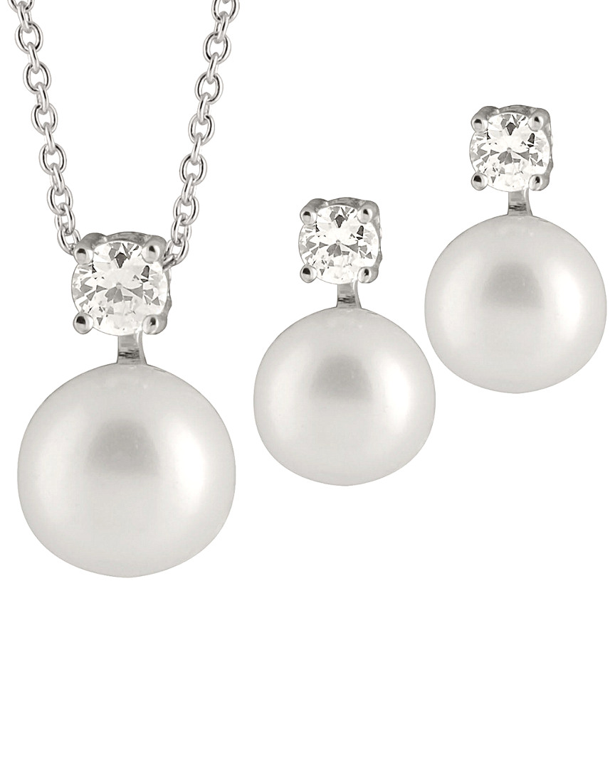 Splendid Pearls Silver 7.5-8mm Freshwater Pearl & Cz Drop Earrings & Necklace Set