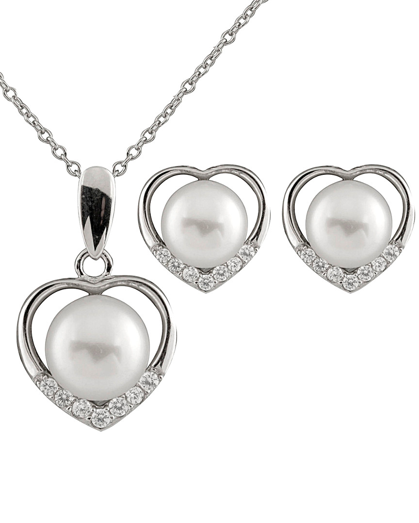 Splendid Pearls Silver 7-9mm Freshwater Pearl & Cz Earrings & Necklace Set
