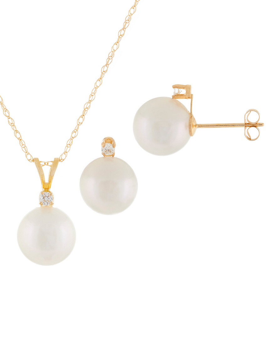 Splendid Pearls 14k 0.15 Ct. Tw. Diamond Pearl Necklace & Earrings Set