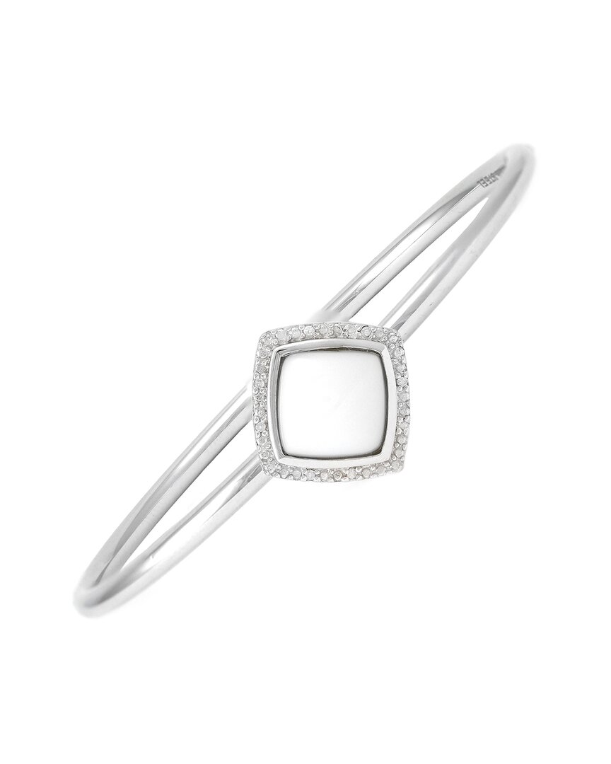 Gemstones Silver & Steel 0.03 Ct. Tw. Diamond & White Agate Bangle Bracelet