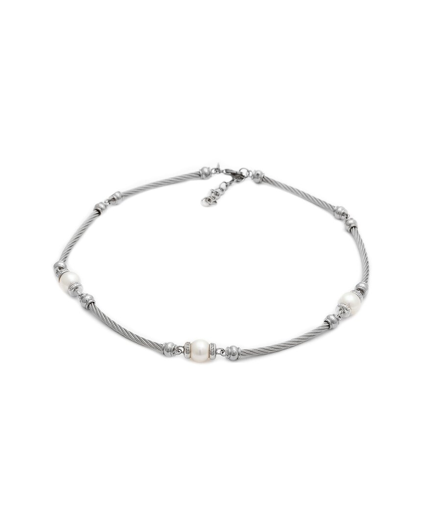 Pearls Silver & Steel 0.12 Ct. Tw. Diamond 9.5mm Pearl Necklace