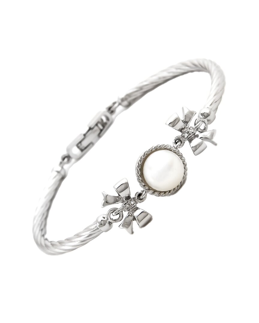 Gemstones 0.02 Ct. Tw. Diamond & 6.5-7.5mm Pearl Silver Bracelet In Metallic