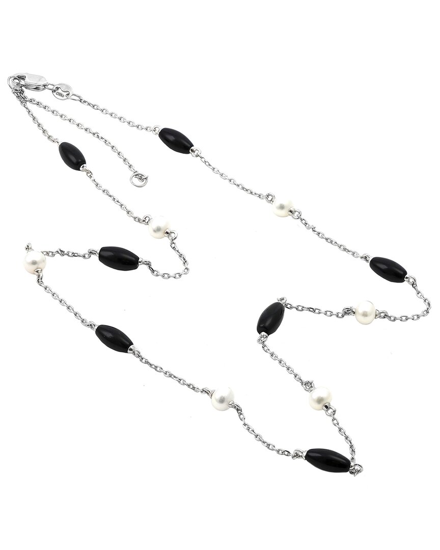 Gemstones Onyx 3-4mm Pearl Silver Necklace In Metallic