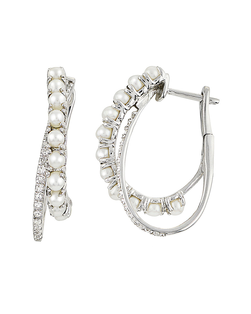 Pearls Imperial Silver 0.18 Ct. Tw. Diamond & 2-2.5mm Pearl Earrings