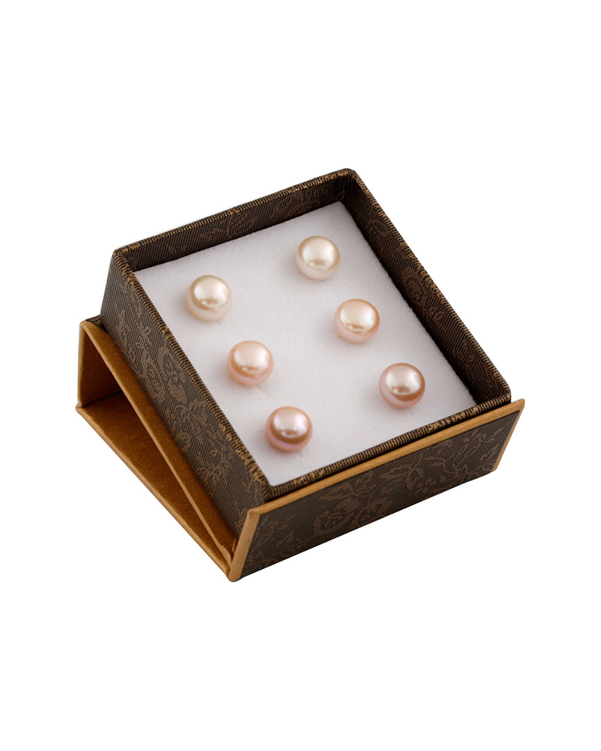 Splendid Pearls Rhodium Plated 7-7.5mm Freshwater Pearl Set Of 3 Studs
