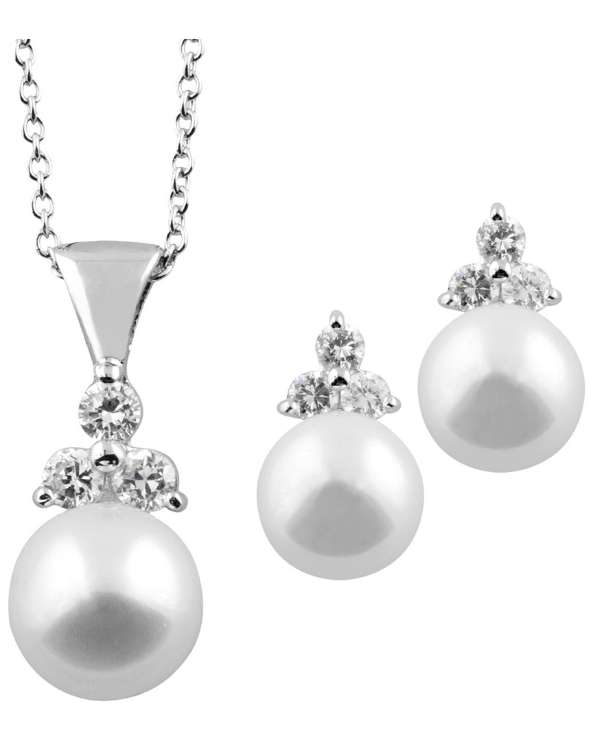 Splendid Pearls Rhodium Plated 9-10mm Freshwater Pearl Drop Earrings & Necklace Set