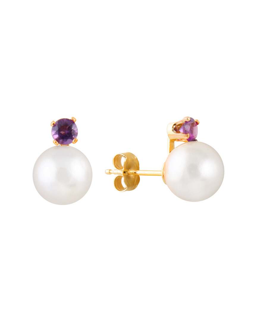 Splendid Pearls 14k 7-7.5mm Akoya Pearl & Amethyst Earrings