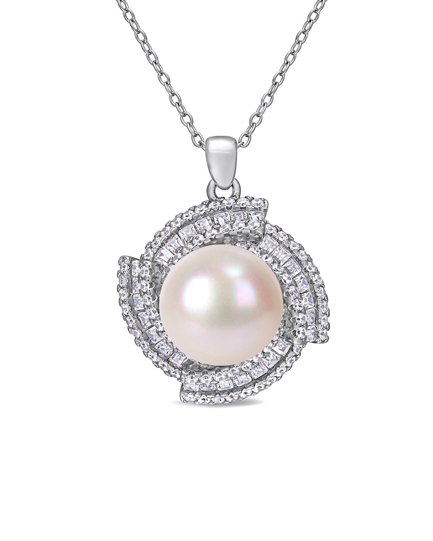 Pearls Silver 12- 12.5mm Freshwater Pearl & Cz Pendant Necklace
