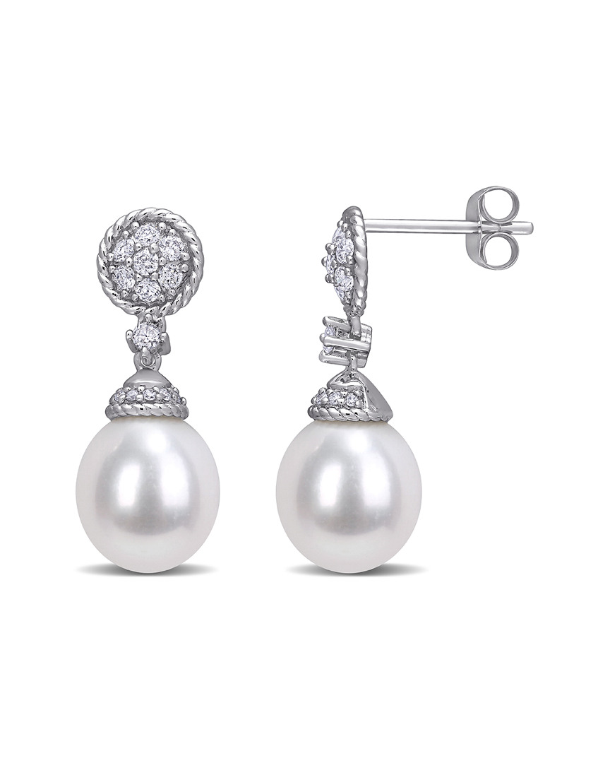 Pearls 14k 0.33 Ct. Tw. Diamond & 9-9.5mm Freshwater Pearl Drop Earrings