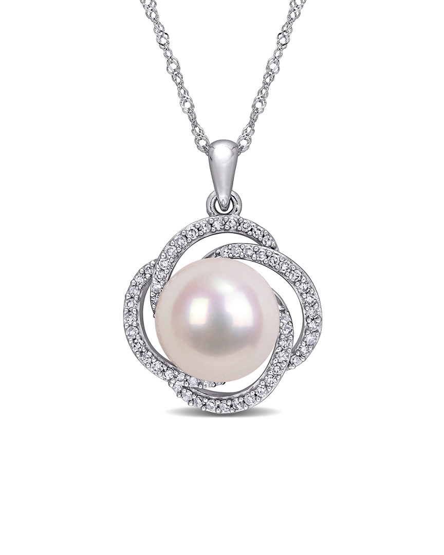 Pearls 14k 0.24 Ct. Tw. Diamond & 10-10.5mm Freshwater Pearl Swirl Pendant Necklace