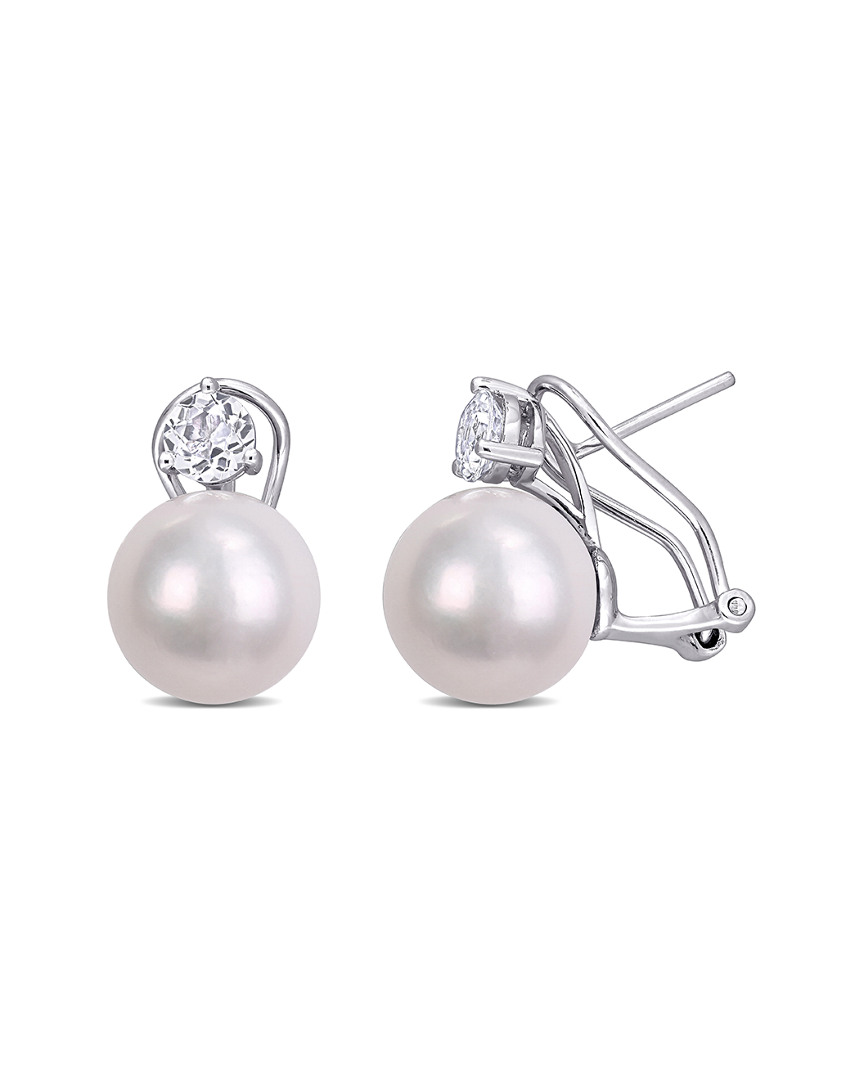 Pearls Silver 1.18 Ct. Tw. White Topaz & 11-12mm Freshwater Pearl Earrings