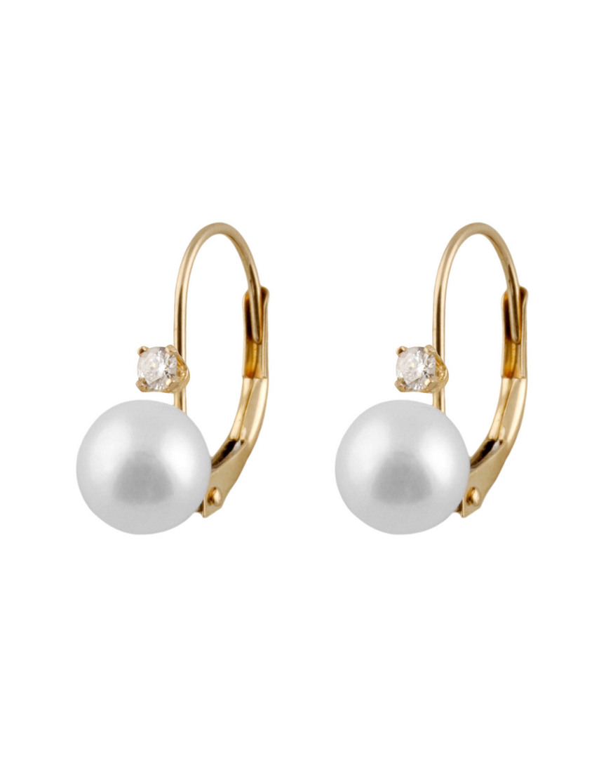 Splendid Pearls 14k 0.05 Ct. Tw. Diamond & 7-7.5mm Akoya Pearl Drop Earrings