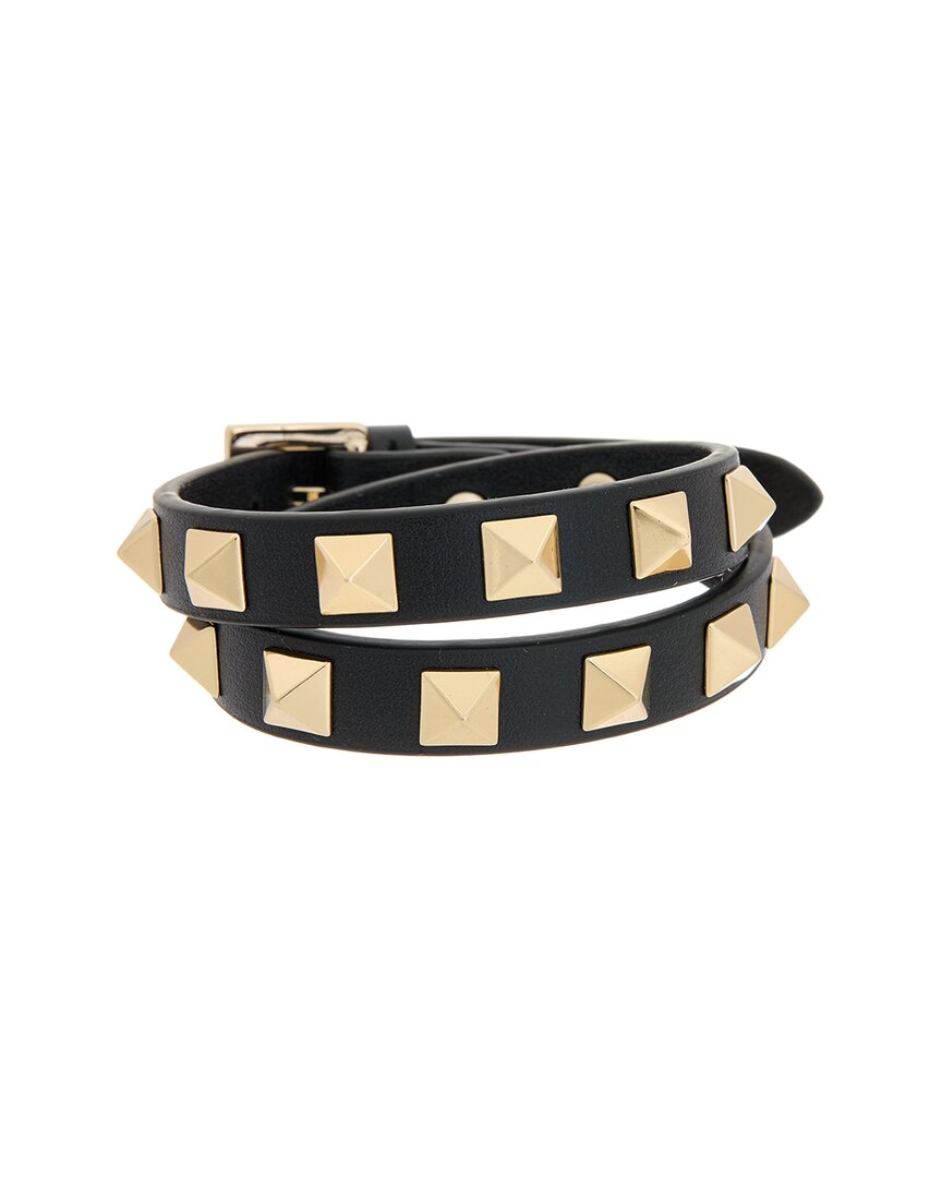 Valentino Garavani Rockstud Calfskin Double-strap Bracelet Woman Black Uni In Black