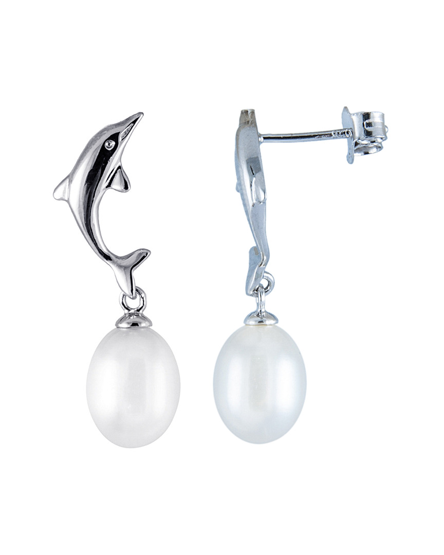 Splendid Pearls Rhodium Plated Silver 7.5-8mm Freshwater Pearl Drop Dolphin Earrings