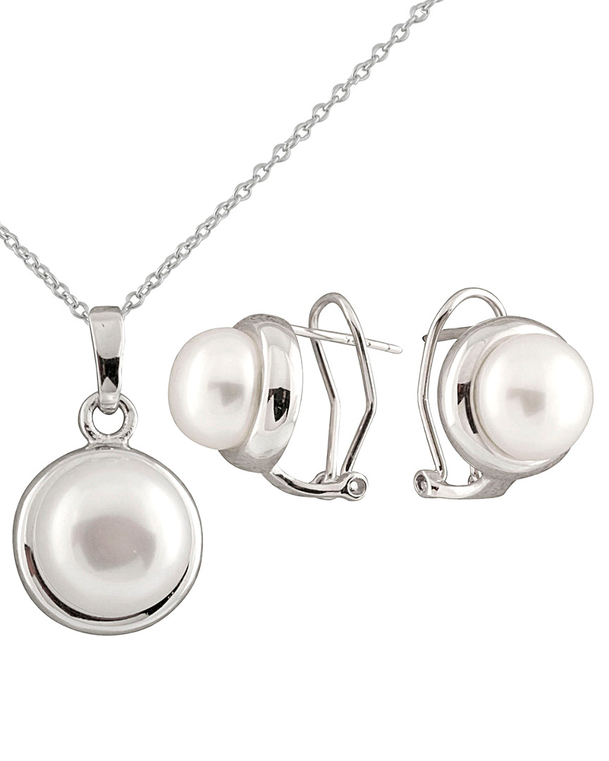 Splendid Pearls Rhodium Plated 8-9.5mm Freshwater Pearl Drop Earrings & Necklace Set