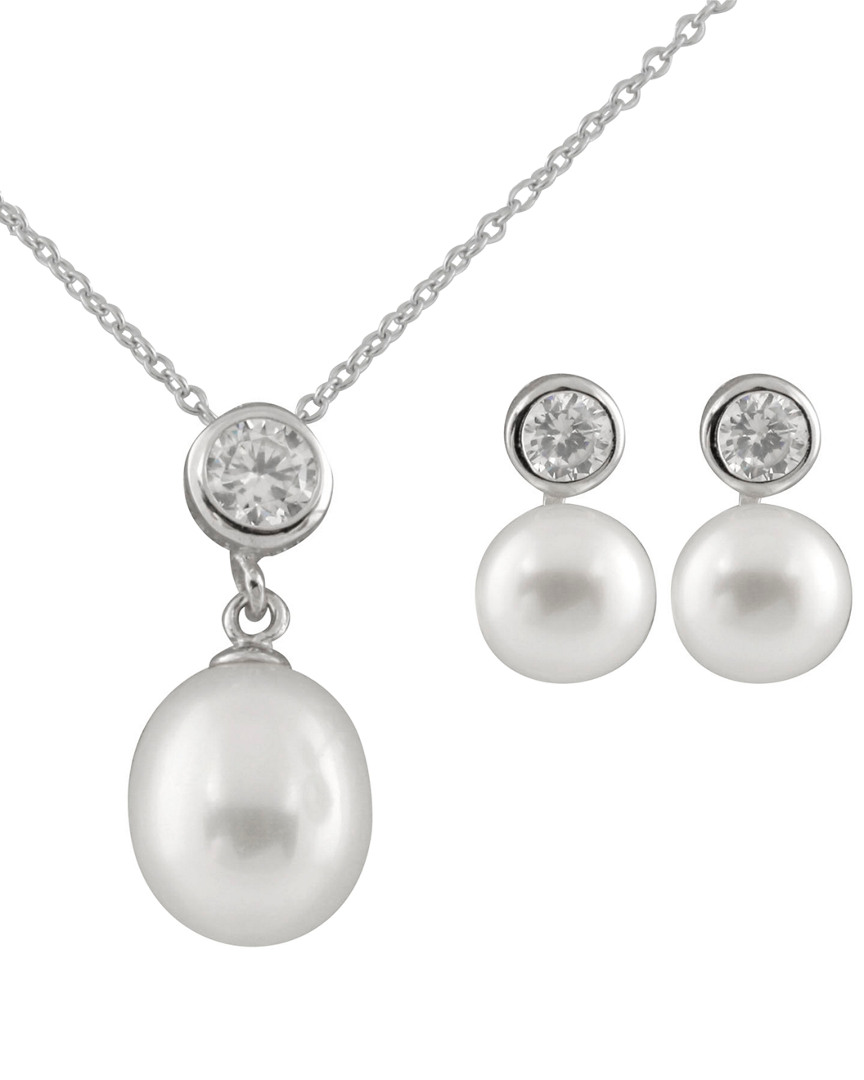 Splendid Pearls Rhodium Plated 7-9mm Pearl Cz Necklace & Earrings Set