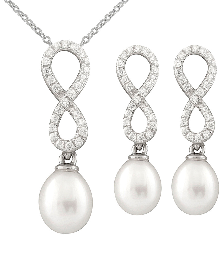 Splendid Pearls Silver 7.5-8mm Freshwater Pearl & Cz Earrings & Necklace Set Set
