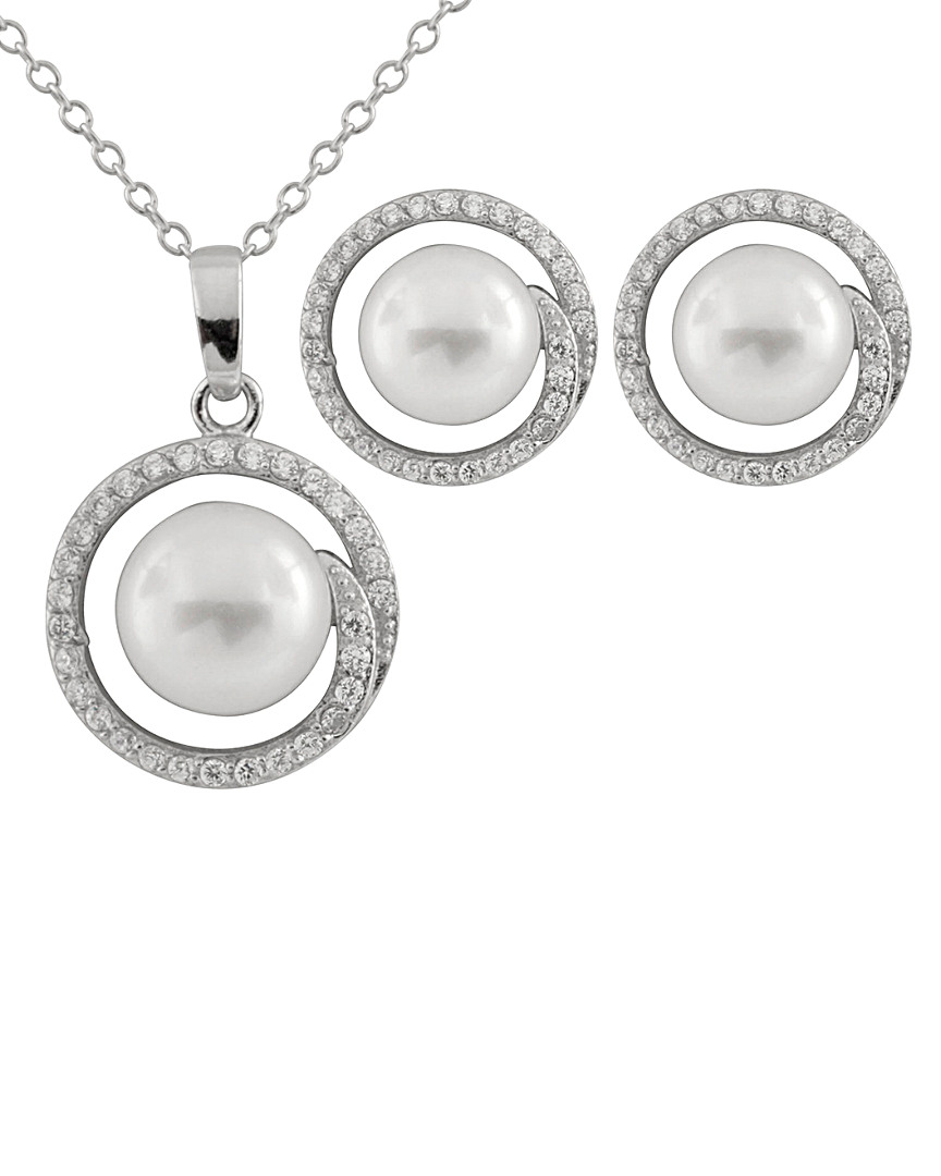 Splendid Pearls Silver 7.5-9mm Freshwater Pearl & Cz Earrings & Necklace Set Set