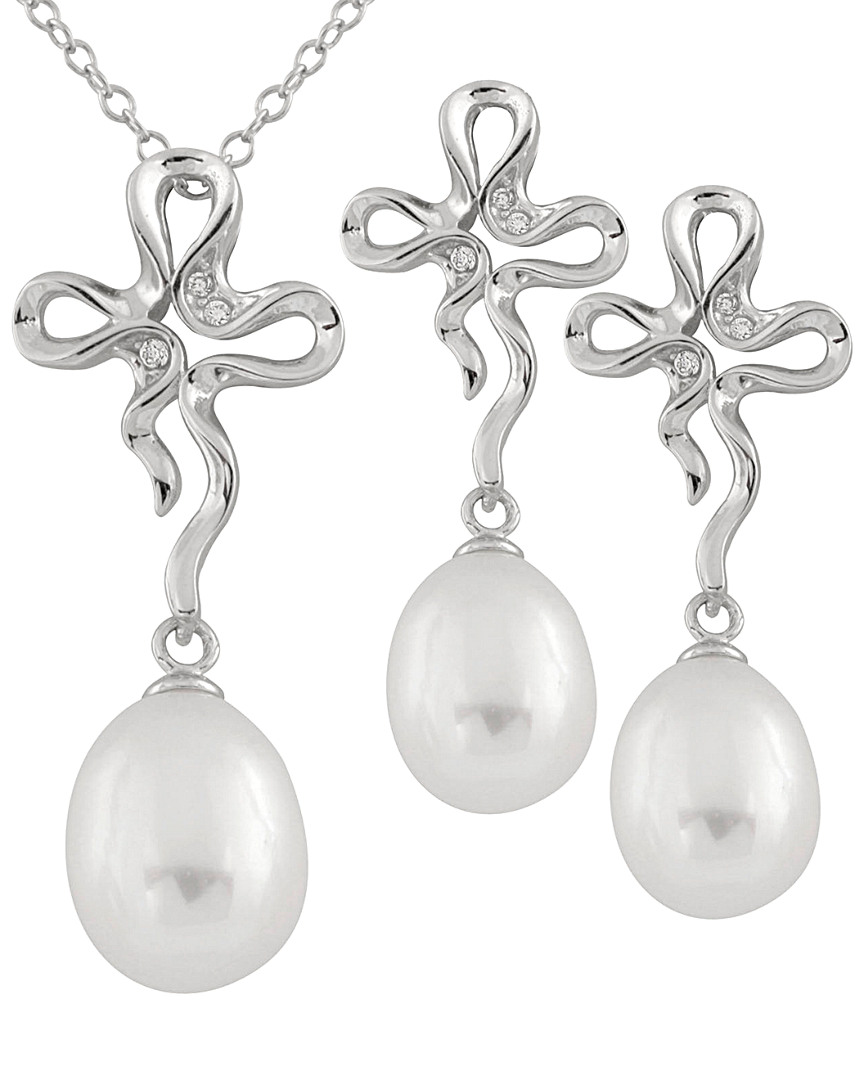 Splendid Pearls Silver 7-9mm Freshwater Pearl Earrings & Necklace Set Set