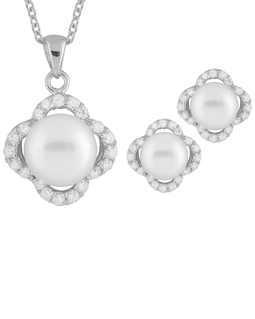 Splendid Pearls Silver 8-9mm Freshwater Pearl & Cz Earrings & Necklace Set Set