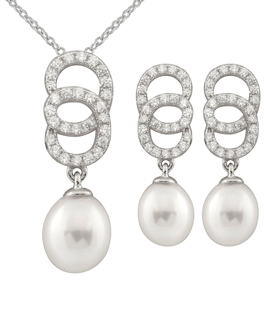 Splendid Pearls Silver 7-8mm Freshwater Pearl & Cz Earrings & Necklace Set Set