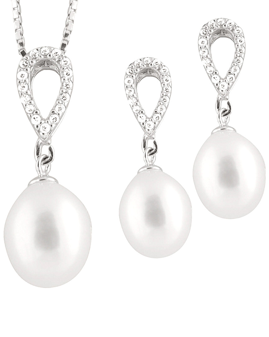 Splendid Pearls Silver 7-9mm Freshwater Pearl & Cz Earrings & Necklace Set Set