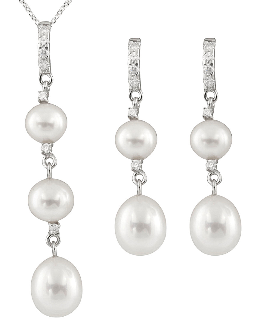 Splendid Pearls Silver 5.5-8.5mm Freshwater Pearl & Cz Earrings & Necklace Set Set