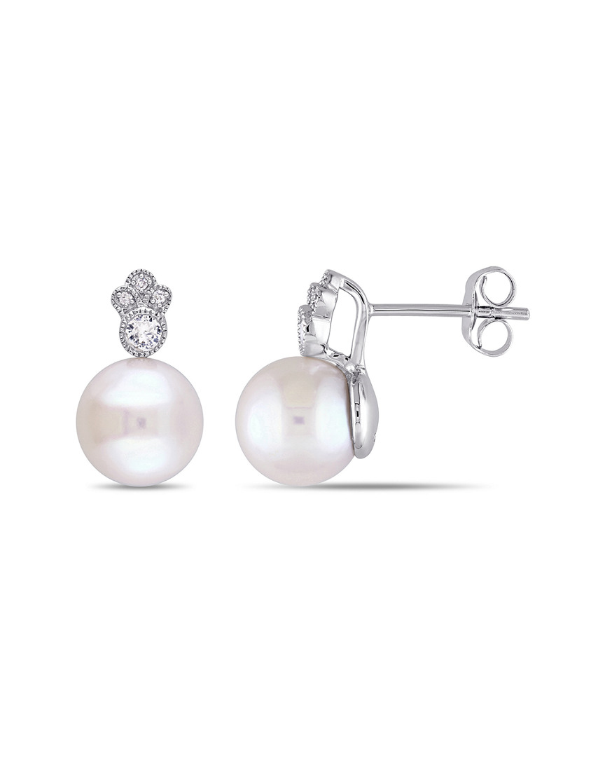 Rina Limor 10k 0.16 Ct. Tw. Diamond & White Sapphire 8-8.5mm Pearl Drop Earrings