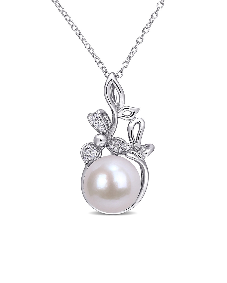 Rina Limor Silver Diamond 11-12mm Pearl Floral Pendant Necklace