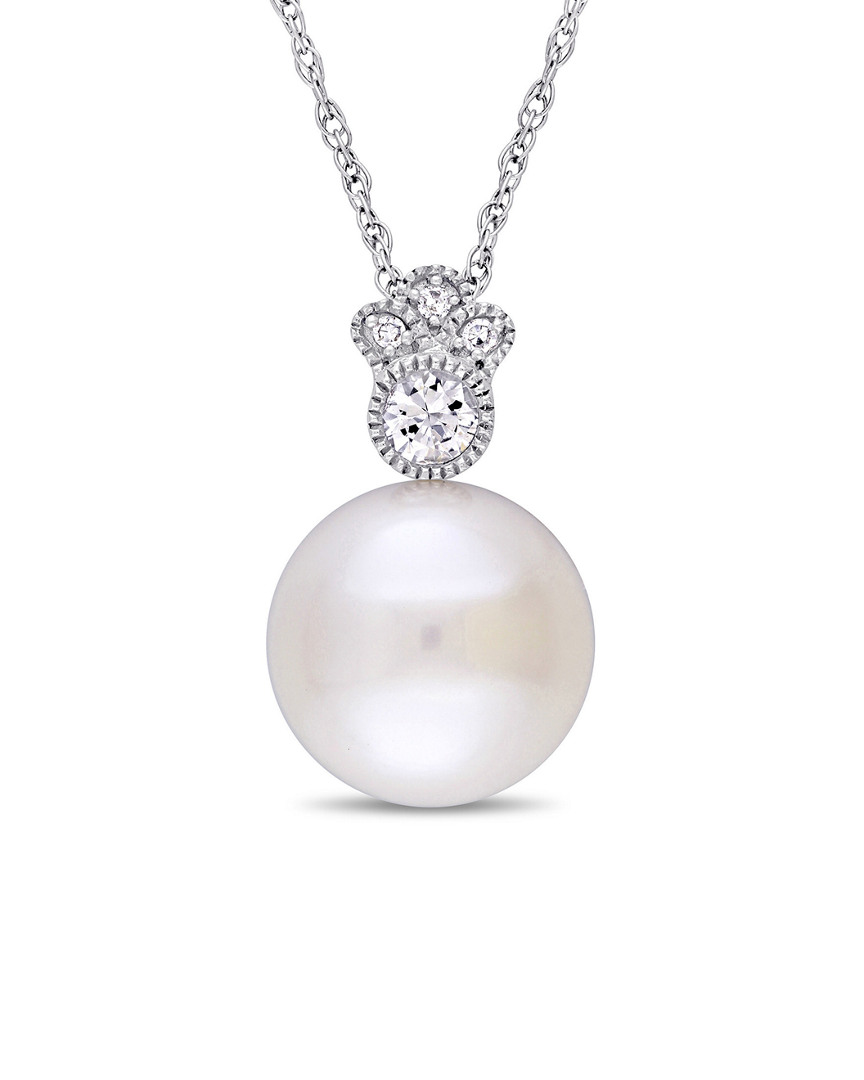 Rina Limor 10k 0.15 Ct. Tw. Diamond & White Sapphire 9.5-10mm Pearl Pendant Necklace