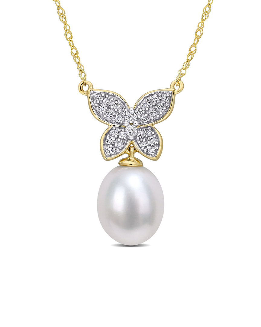 Rina Limor 10k 0.13 Ct. Tw. Diamond 9-10mm Pearl Butterfly Pendant Necklace