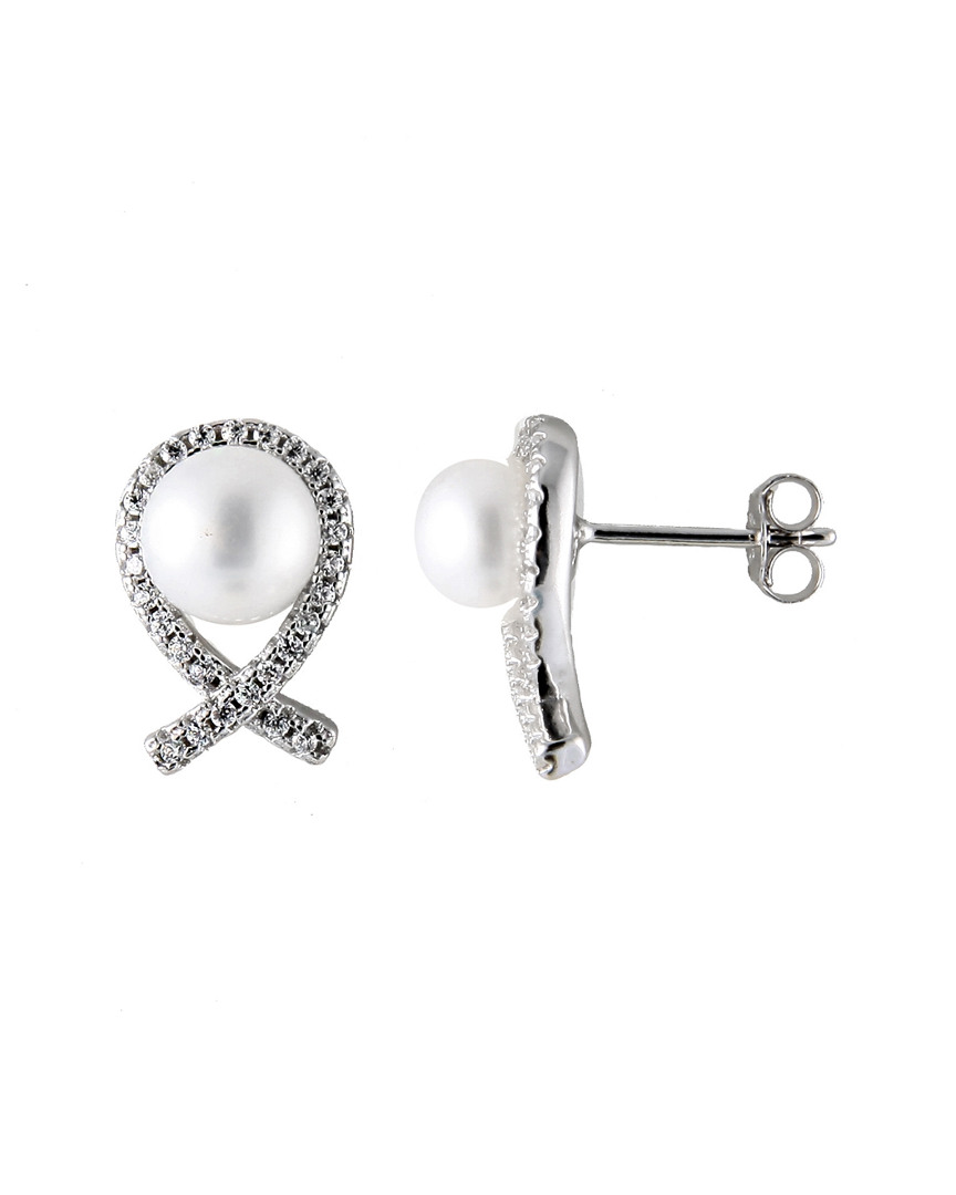 Splendid Pearls Rhodium Over Silver 7-8mm Pearl Earrings In Brown
