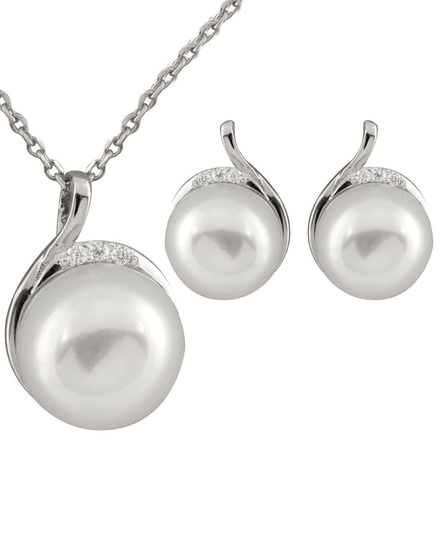 Splendid Pearls Rhodium Over Silver 9-10mm Pearl Necklace & Earrings Set