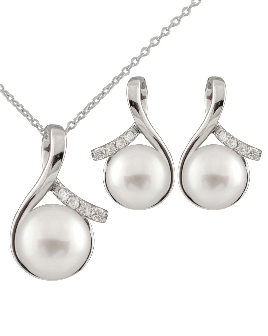 Splendid Pearls Rhodium Over Silver 8-10mm Pearl Necklace & Earrings Set