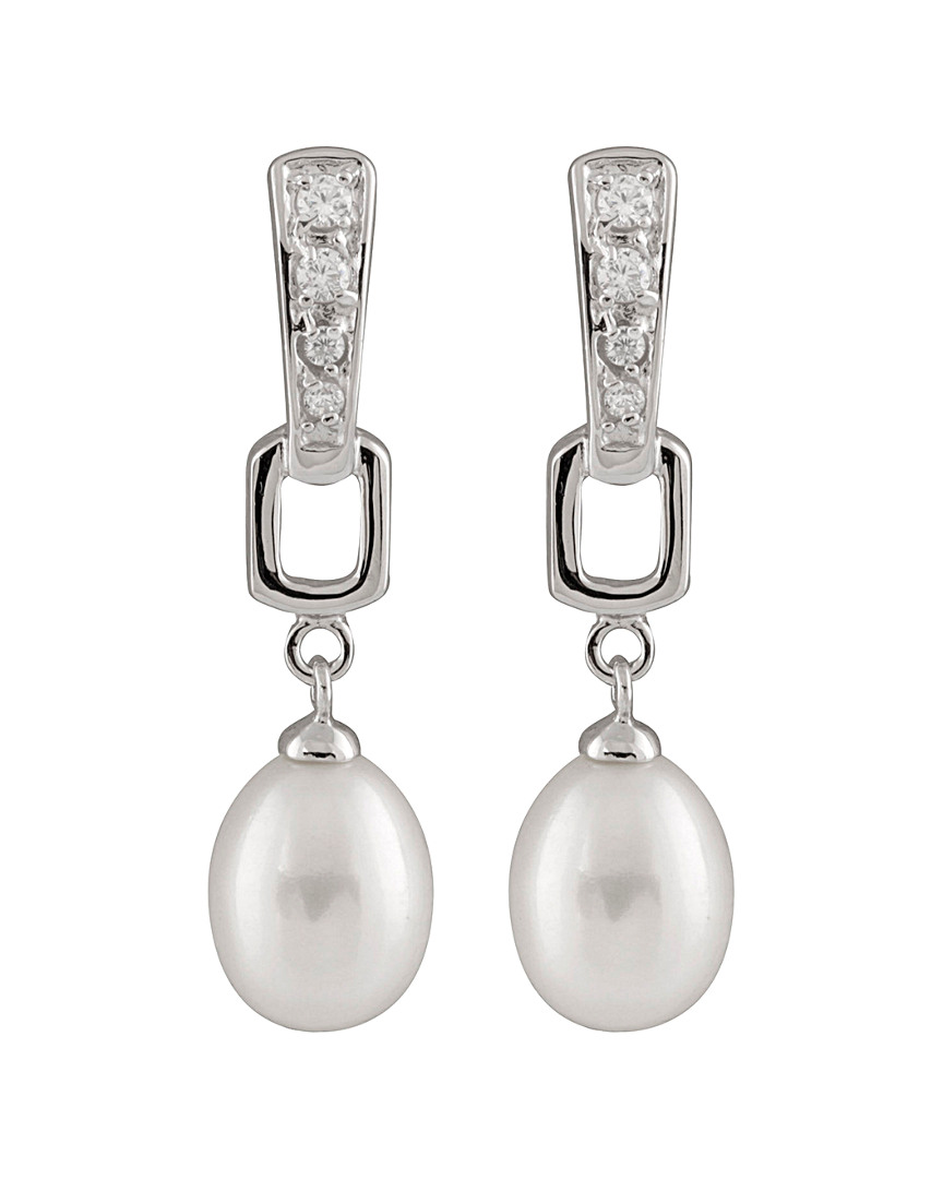 Splendid Pearls Rhodium Plated 8.5-9mm Pearl & Cz Earrings