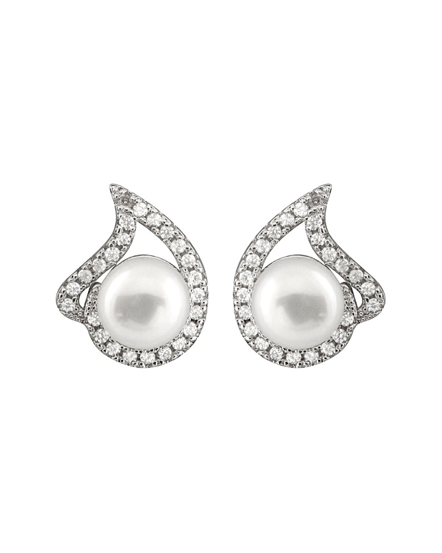Splendid Pearls Rhodium Plated 7.5-8mm Pearl & Cz Earrings