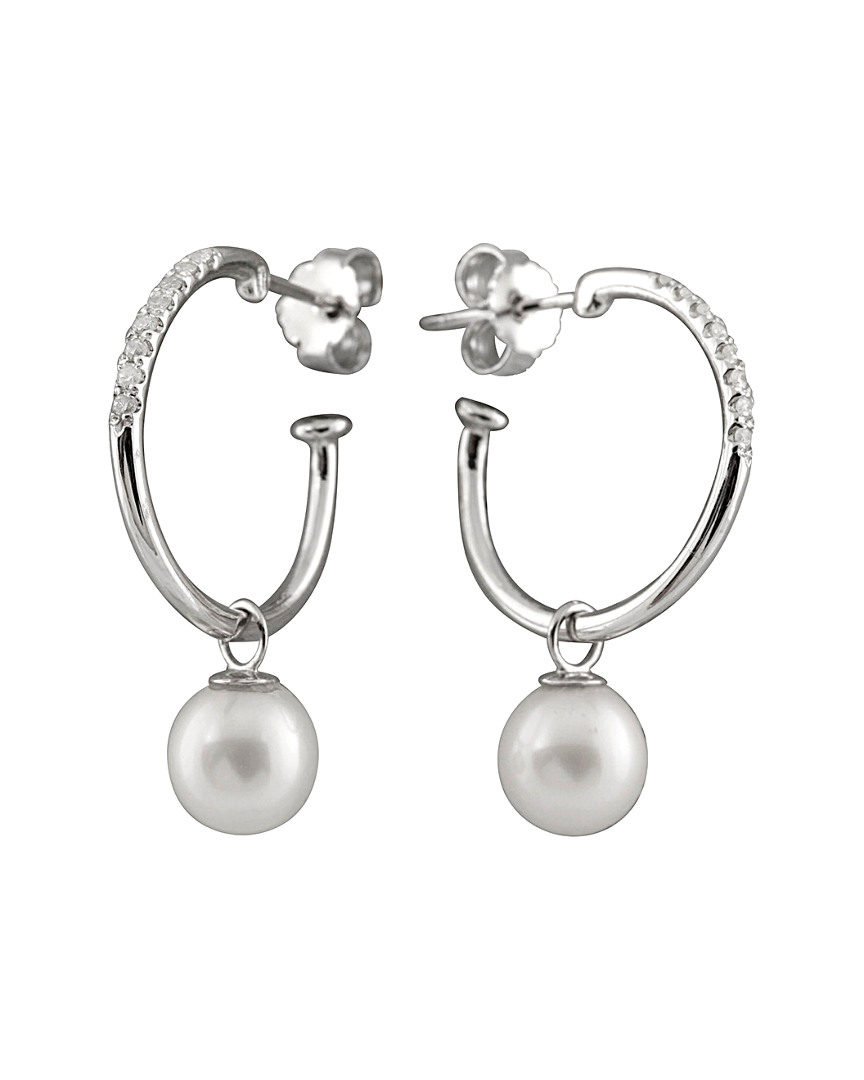 Splendid Pearls Rhodium Plated 0 .16 Ct. Tw. Diamond & 8-8.5mm Pearl Earrings